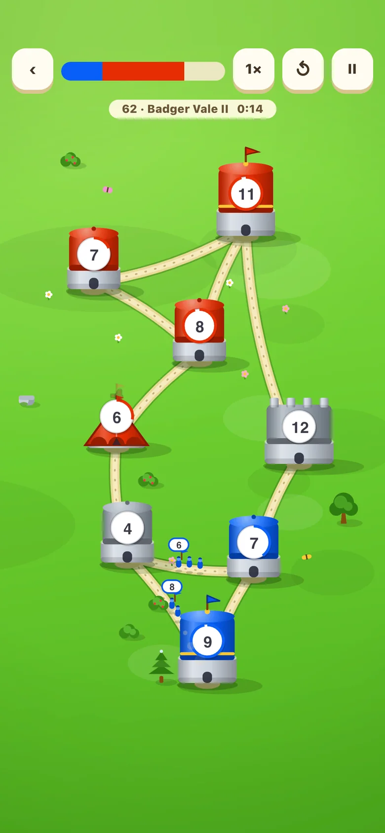 A Fort Wars battle in progress - blue, red and grey forts connected by roads, with troop counts on each building